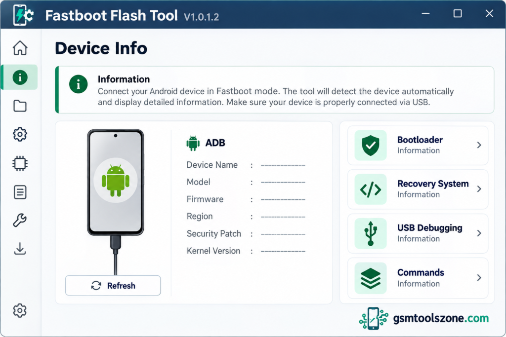 Fastboot Flash Tool V1.0.1.2 interface with Android device information by GSMToolsZone