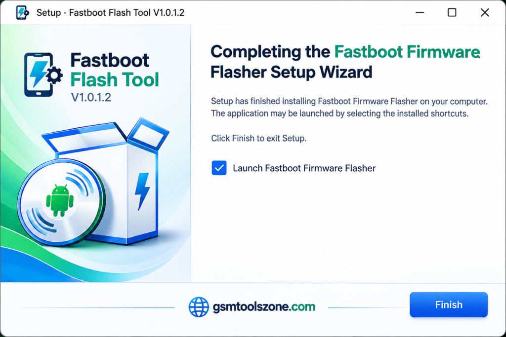 Fastboot Flash Tool V1.0.1.2 setup wizard installation screen by GSMToolsZone