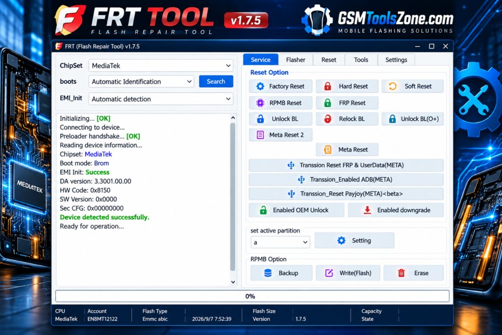 FRT Tool v1.7.5 MediaTek flash repair tool interface