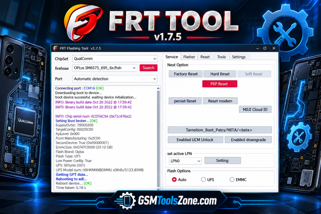 FRT Tool v1.7.5 Qualcomm flashing and reset tool interface