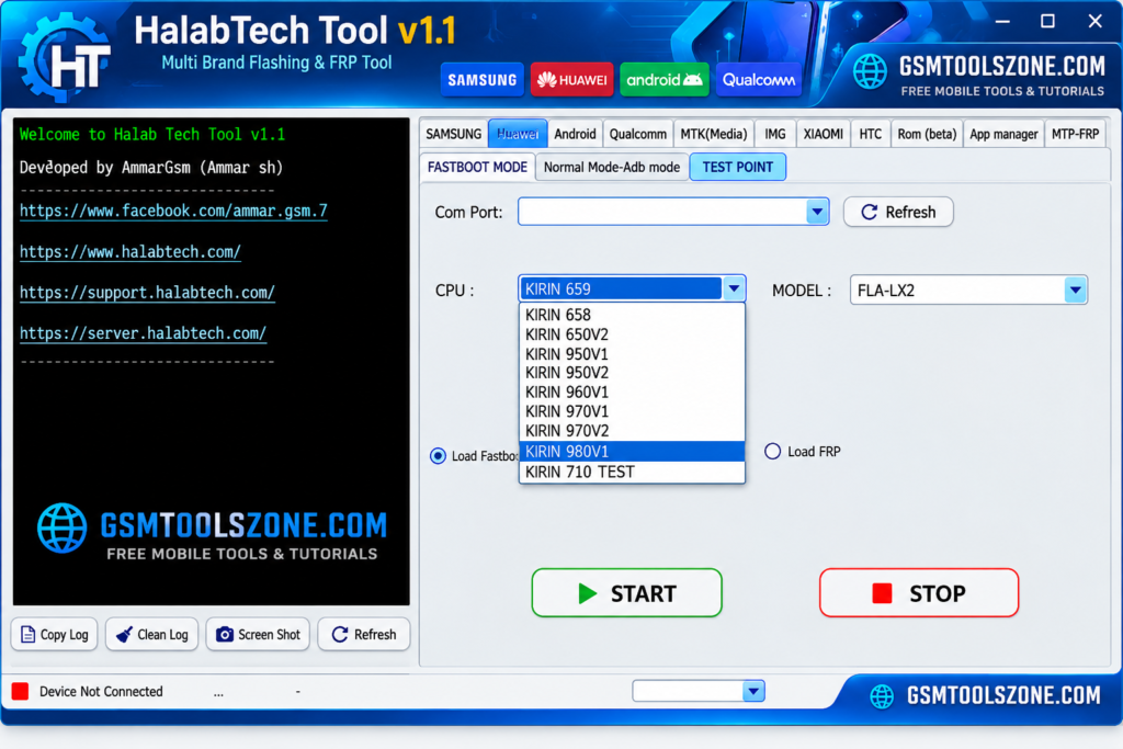 HalabTech Tool v1.1 interface for Samsung repair and FRP functions