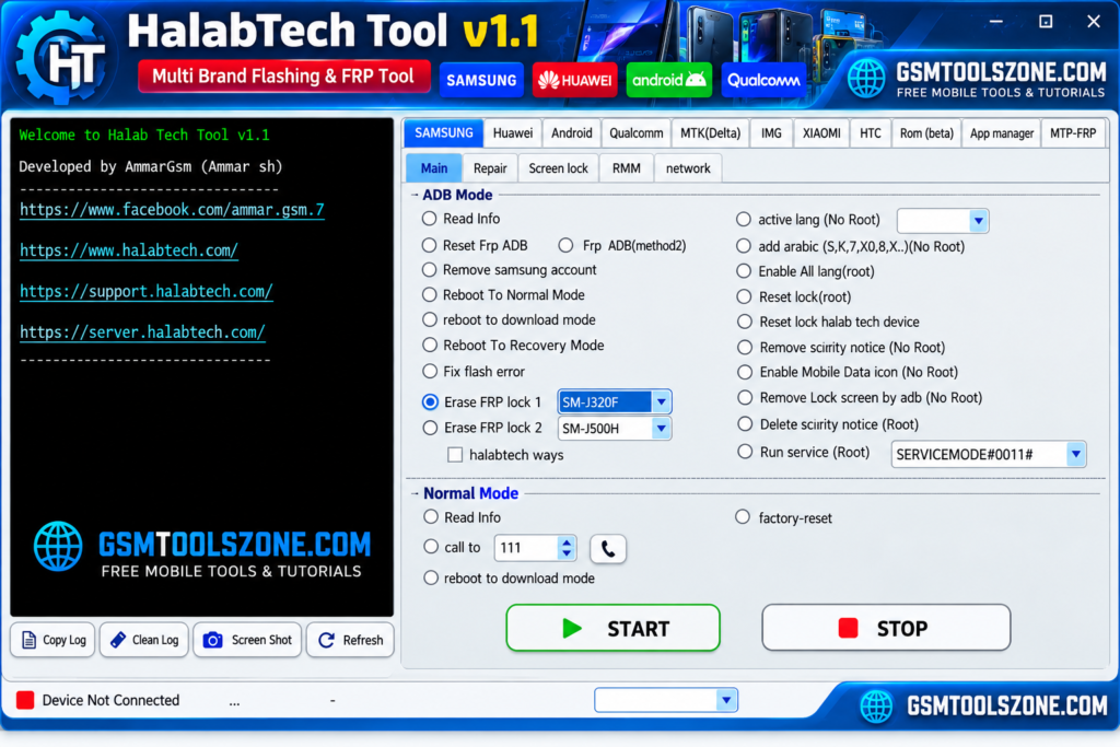 HalabTech Tool v1.1 multi-brand flashing and FRP software interface