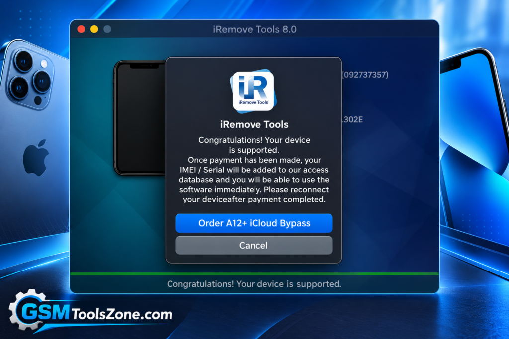 iRemove Tool 8.0 interface showing supported device and iCloud bypass option