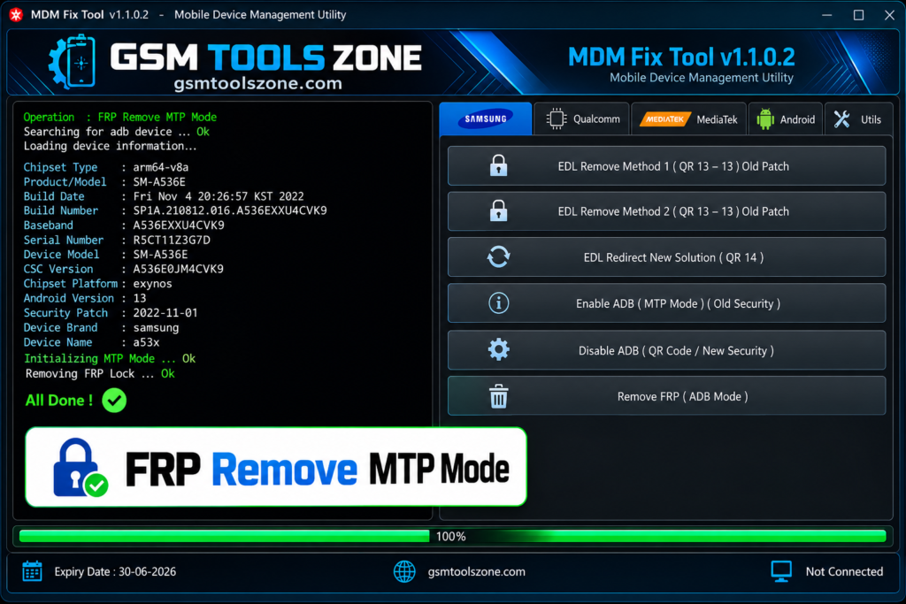 MDM Fix Tool v1.1.0.2 FRP Remove MTP Mode