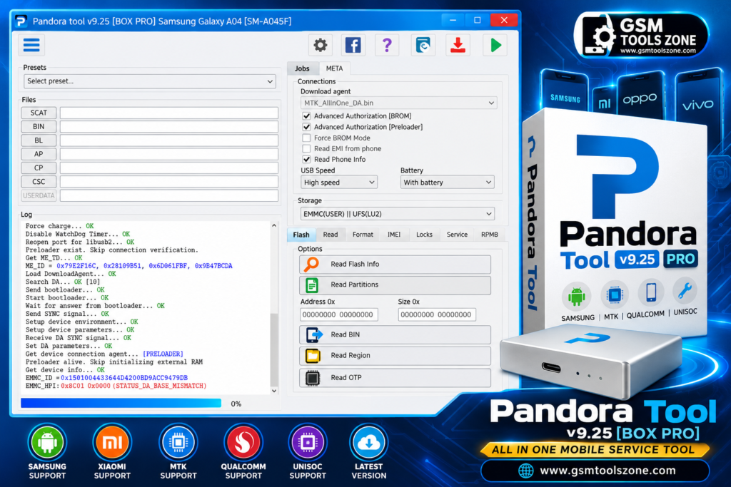 Pandora Tool v9.25 BOX PRO interface for mobile phone servicing