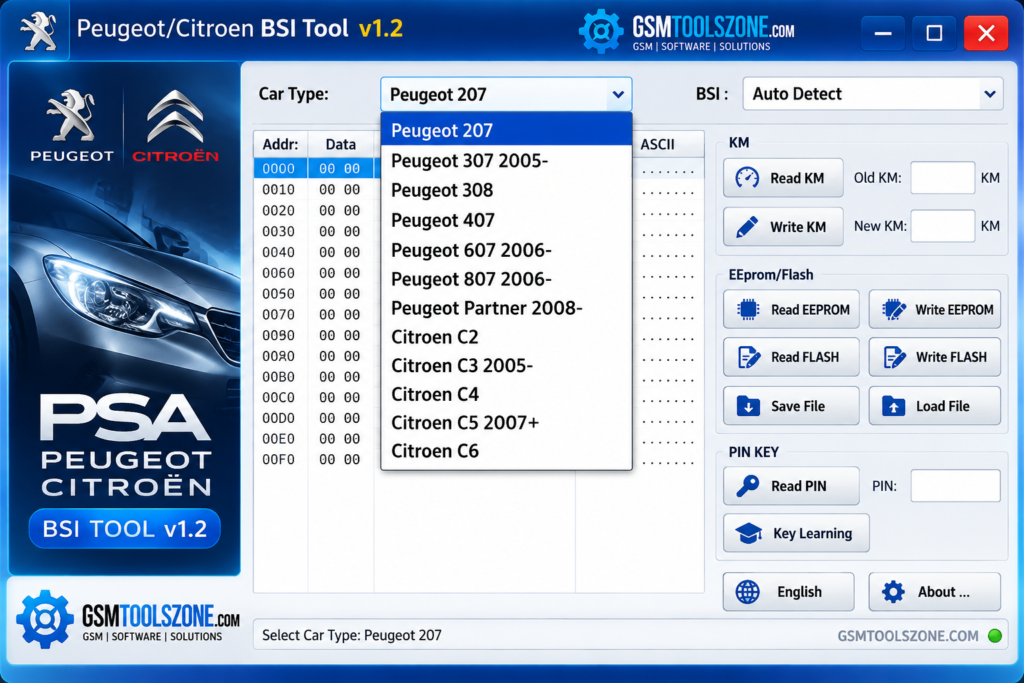 Peugeot Citroën BSI Tool v1.2 interface with GSMToolsZone branding