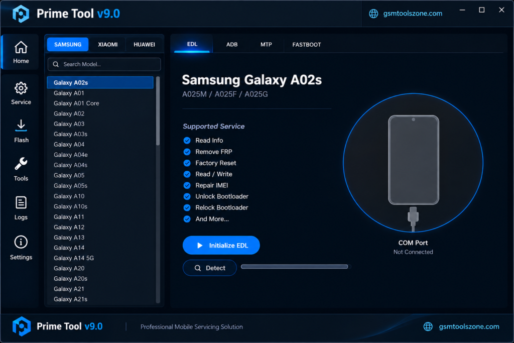 Prime Tool v9.0 mobile servicing software interface for Samsung devices