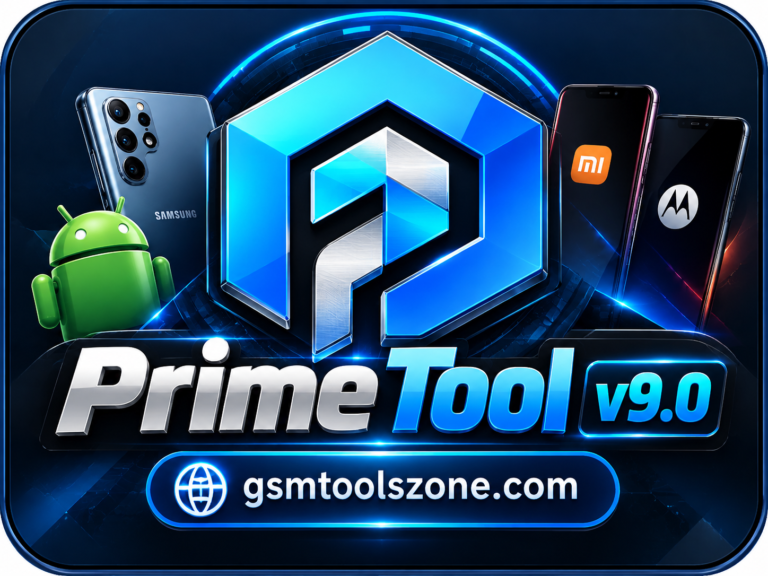 Prime Tool v9.0 logo with metallic blue design and gsmtoolszone.com branding