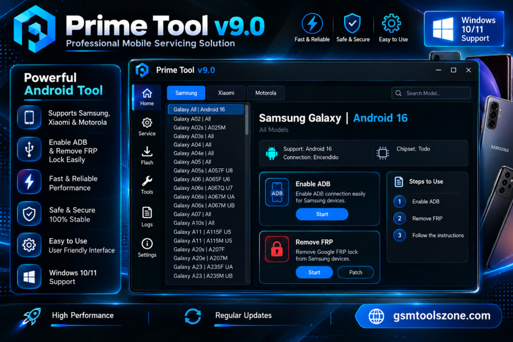 Prime Tool v9.0 Android servicing software with Samsung Xiaomi and Motorola support