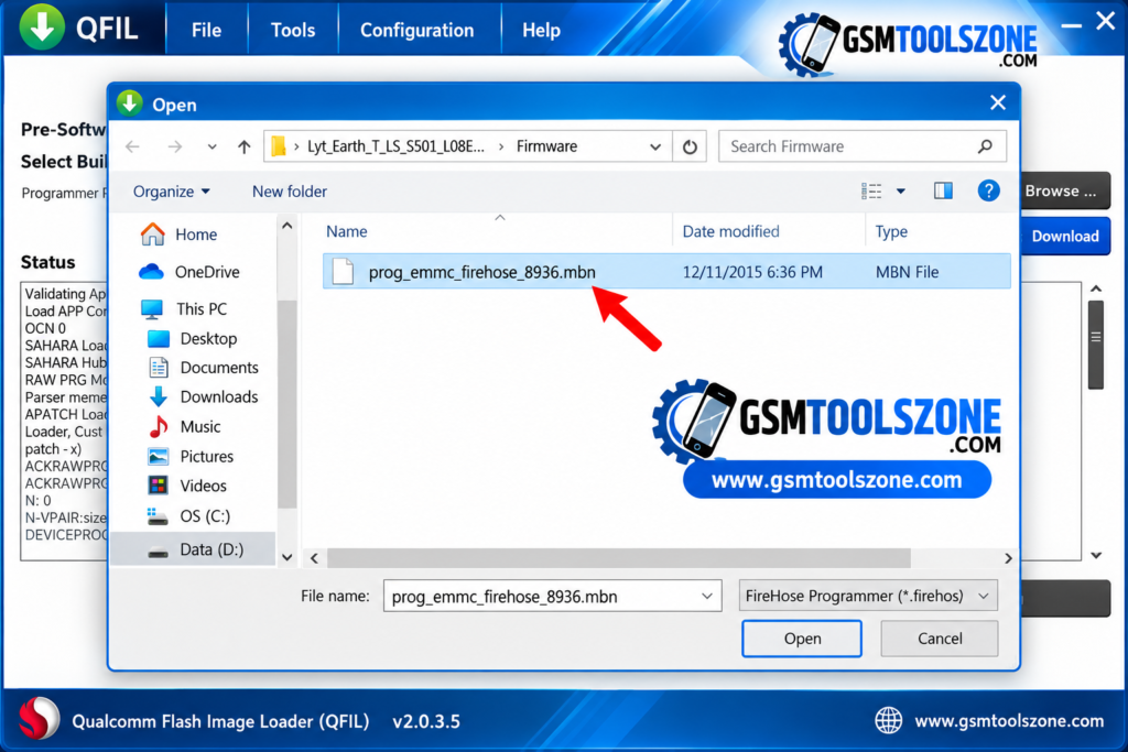 QFIL Tool v2.0.3.5 selecting prog_emmc_firehose_8936.mbn programmer file