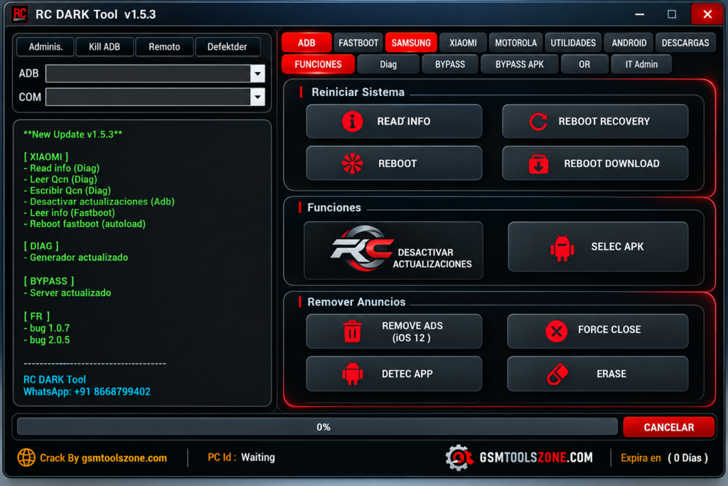 RC Dark Tool v1.5.3 interface by GSM Tools Zone