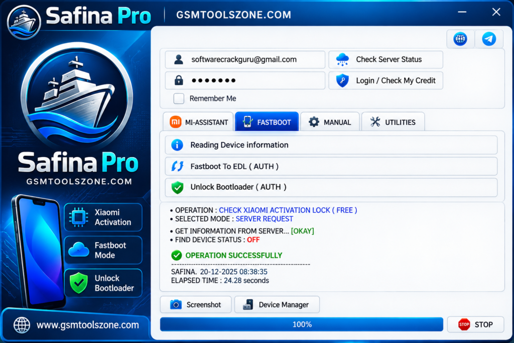 Safina Pro Tool V2.1 Fastboot interface for mobile servicing by GSM Tools Zone