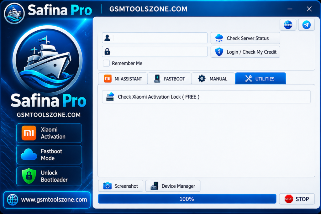 Safina Pro Tool Utilities interface with Xiaomi Activation Lock check feature
