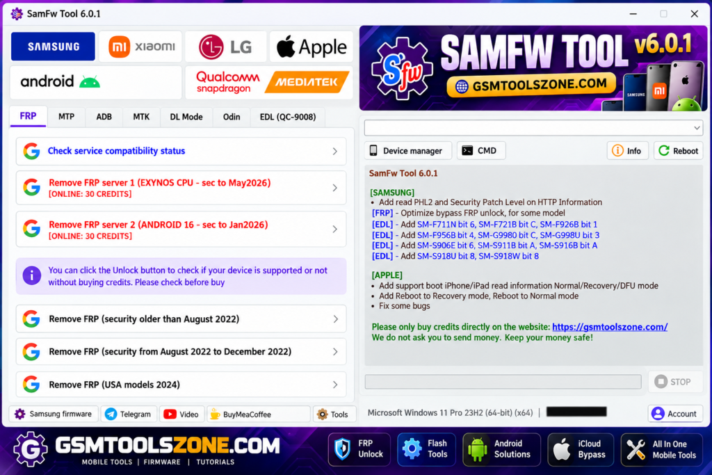 SamFw FRP Tool v6.0.1 interface for Android and Samsung devices