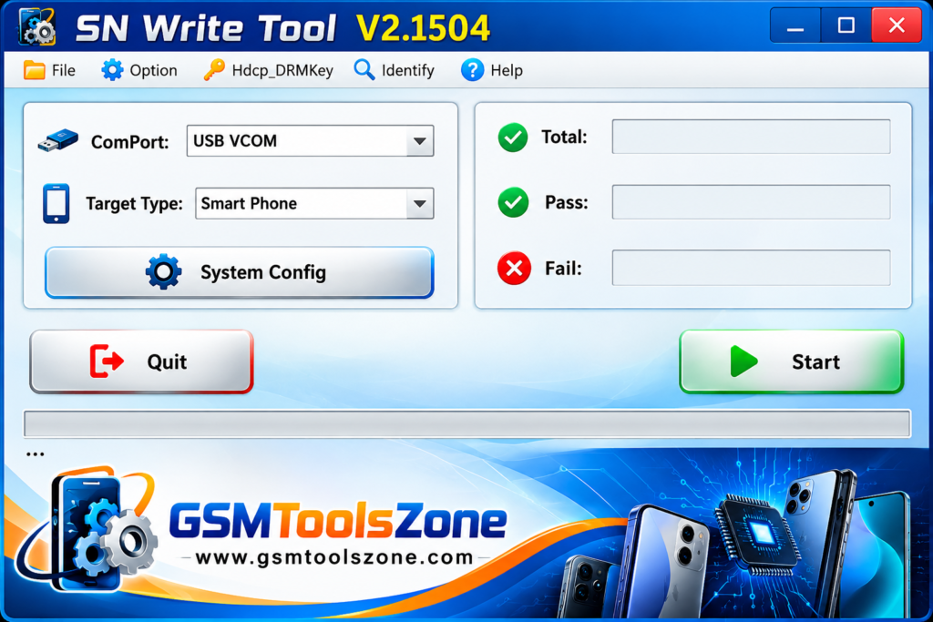 SN Write Tool V2.1504 main interface for smartphone IMEI writing