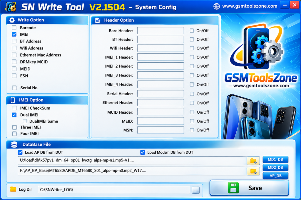 SN Write Tool V2.1504 system configuration with IMEI options and database settings