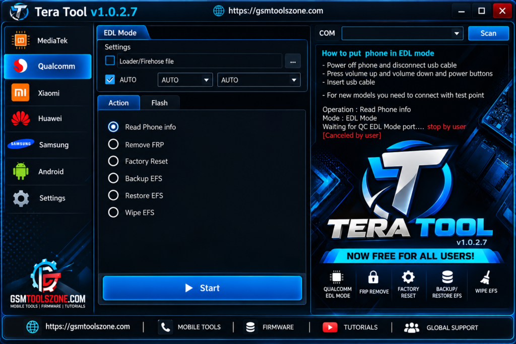 Tera Tool v1.0.2.7 EDL Mode interface with Qualcomm repair options