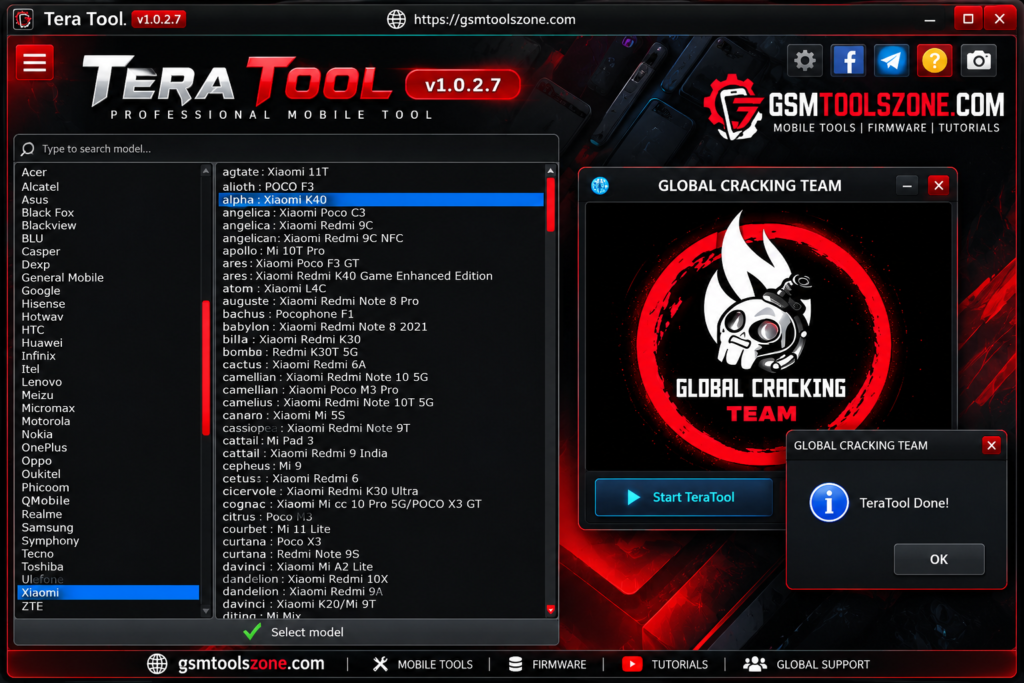 Tera Tool v1.0.2.7 interface for mobile repair and EDL operations