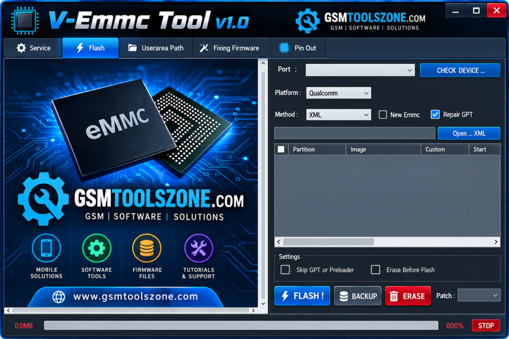 V-Emmc Tool v1.0 Qualcomm eMMC flashing interface by GSMToolsZone