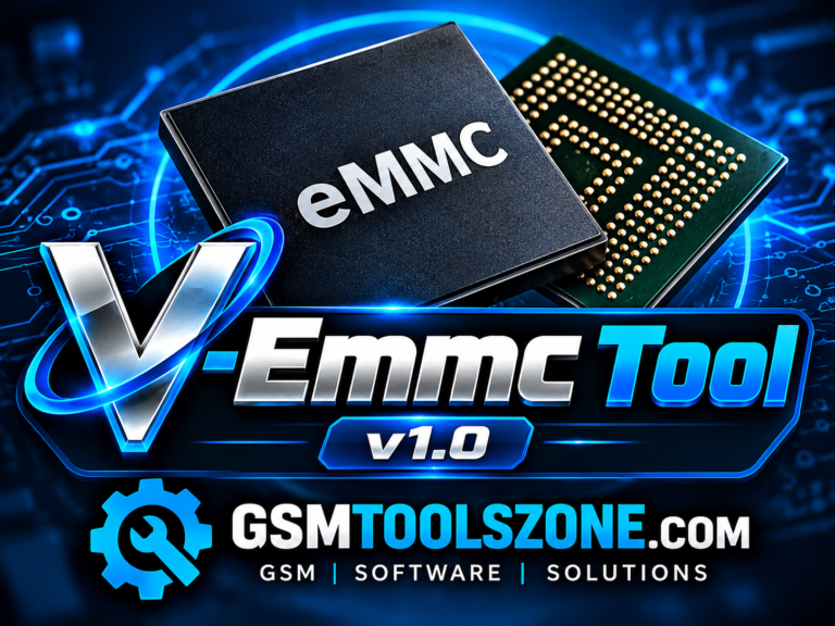 V-Emmc Tool v1.0 logo with eMMC chip graphics and GSMToolsZone.com branding