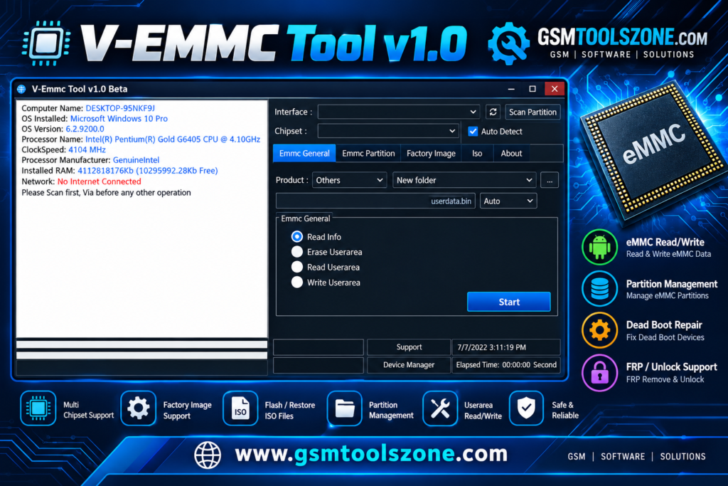 V-Emmc Tool v1.0 software interface with eMMC partition management and repair features