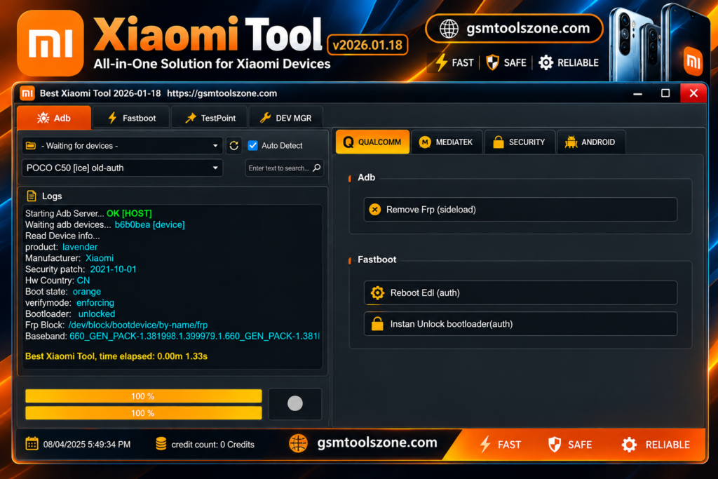Xiaomi Tool v2026.01.18 software screenshot showing ADB, Fastboot, Qualcomm, and MediaTek options