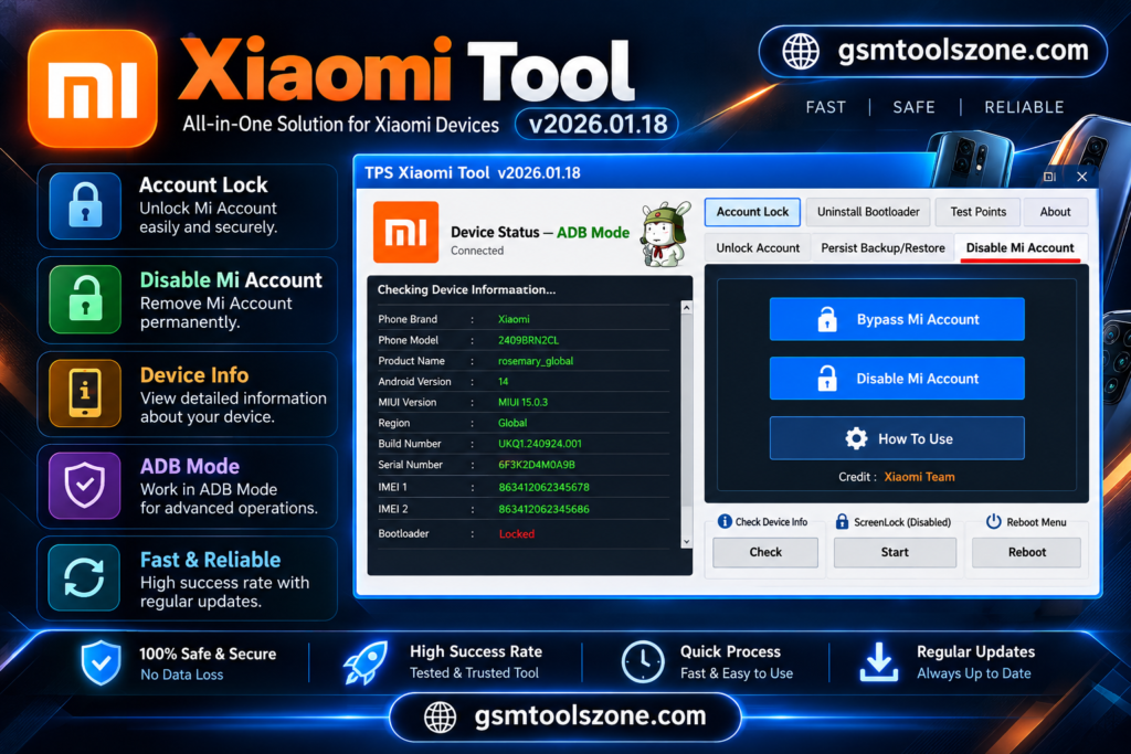 Xiaomi Tool v2026.01.18 interface showing Mi Account and device management features
Copy Alt Text