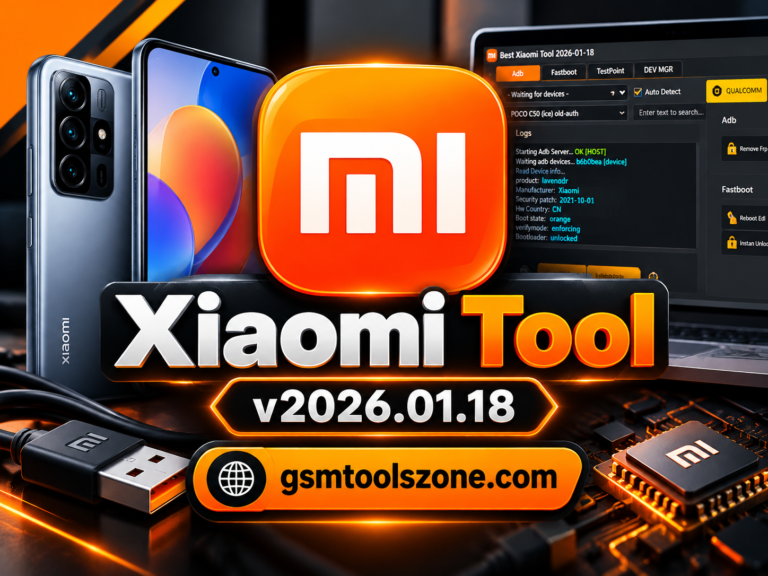 Xiaomi Tool v2026.01.18 logo with orange Xiaomi branding and gsmtoolszone.com